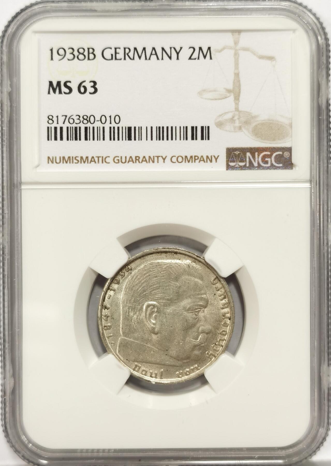 博洋堂世界钱币拍卖第087期（全场包邮） NGC MS63 德国1938B兴登堡2马克银币，币面干净，BU品相