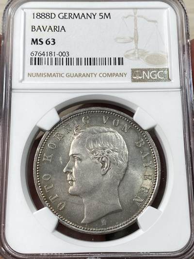 万国钱币拍卖第031期 - NGC MS63 1888年德国巴伐利亚奥拓短翅流通5马克 短翅系列的难点之一，单年发行于短翅最具代表性的1888年，六万多枚的发行量在充分流通后所剩好品寥寥无几，此枚购于德国老藏家之手，原味青色绸缎光，细节锋利，NGC亚军分。