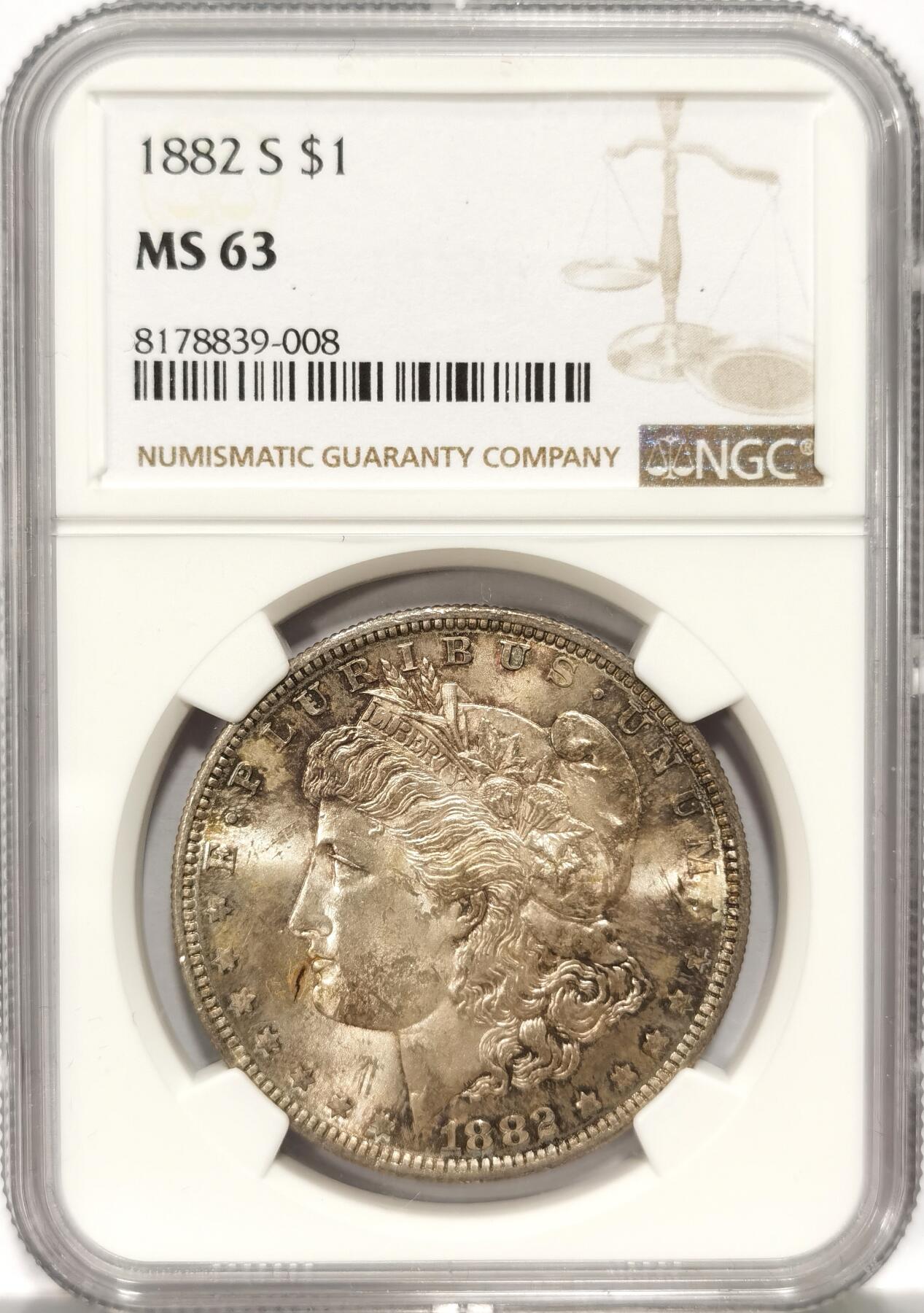 博洋堂世界钱币拍卖第087期（全场包邮） 1882年美国摩根银币S版NGC-MS63，原汁原味双面彩老包浆，包浆醇厚，打制精美，状态极佳