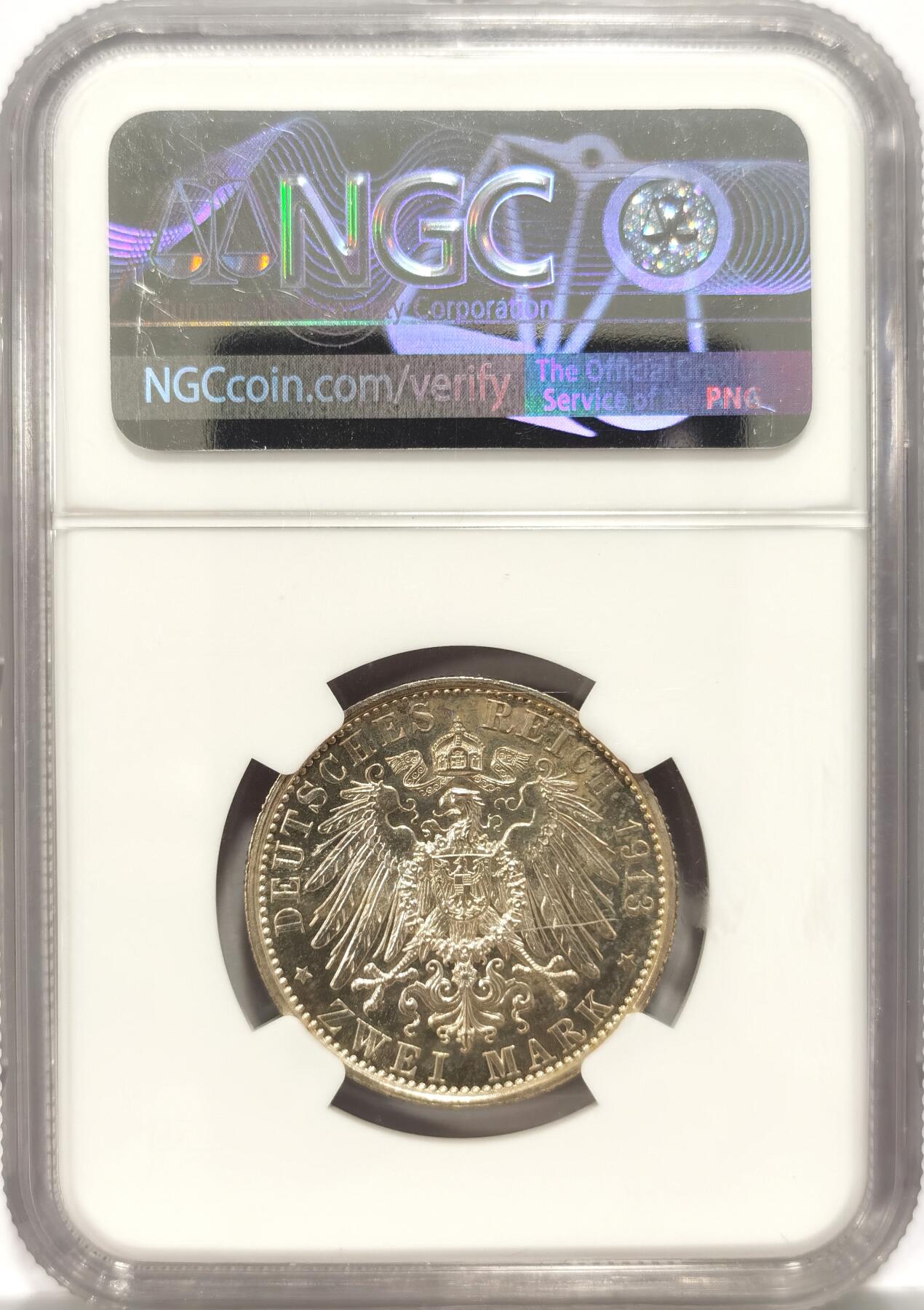 博洋堂世界钱币拍卖第087期（全场包邮） NGC PF63 德国普鲁士1913年威廉军装精制二马克 相当少见的品种 镜面感绝佳 细节相当好 整枚币闪亮 正面略带粉彩 该品种NGC评级总数不超过百枚