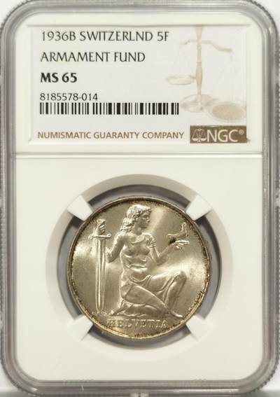 博洋堂世界钱币拍卖第162期（全场包邮） - NGC MS65 瑞士1936年联邦军备基金5法郎银币，高分一步到位