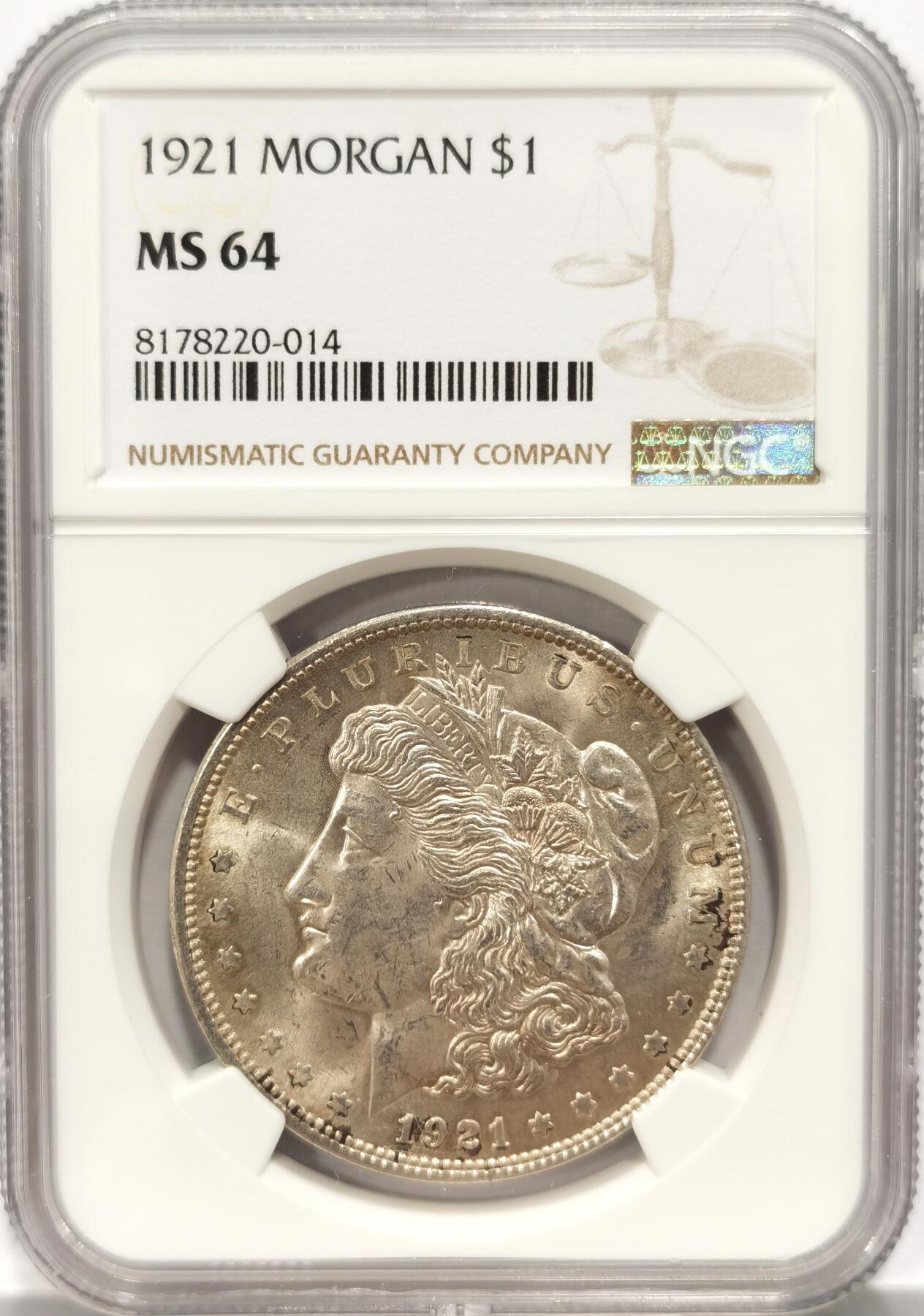 博洋堂世界钱币拍卖第087期（全场包邮） NGC MS64 美国1921年摩根银币，两面凝霜底版，面部细节好，鹰毛根根立体，鹰面略带粉彩