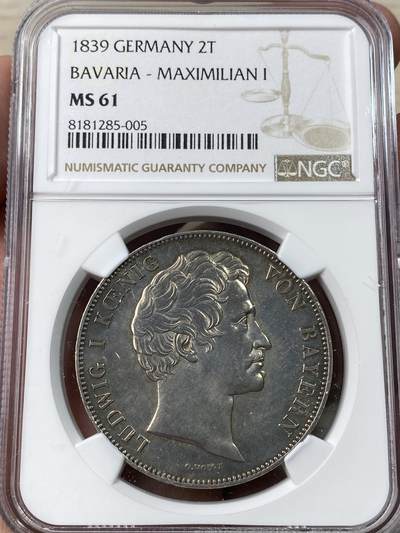 万国钱币拍卖第031期 - NGC MS61 1839年德国巴伐利亚路德维希一世选帝侯纪念2泰勒 名誉品种 原味淡包浆