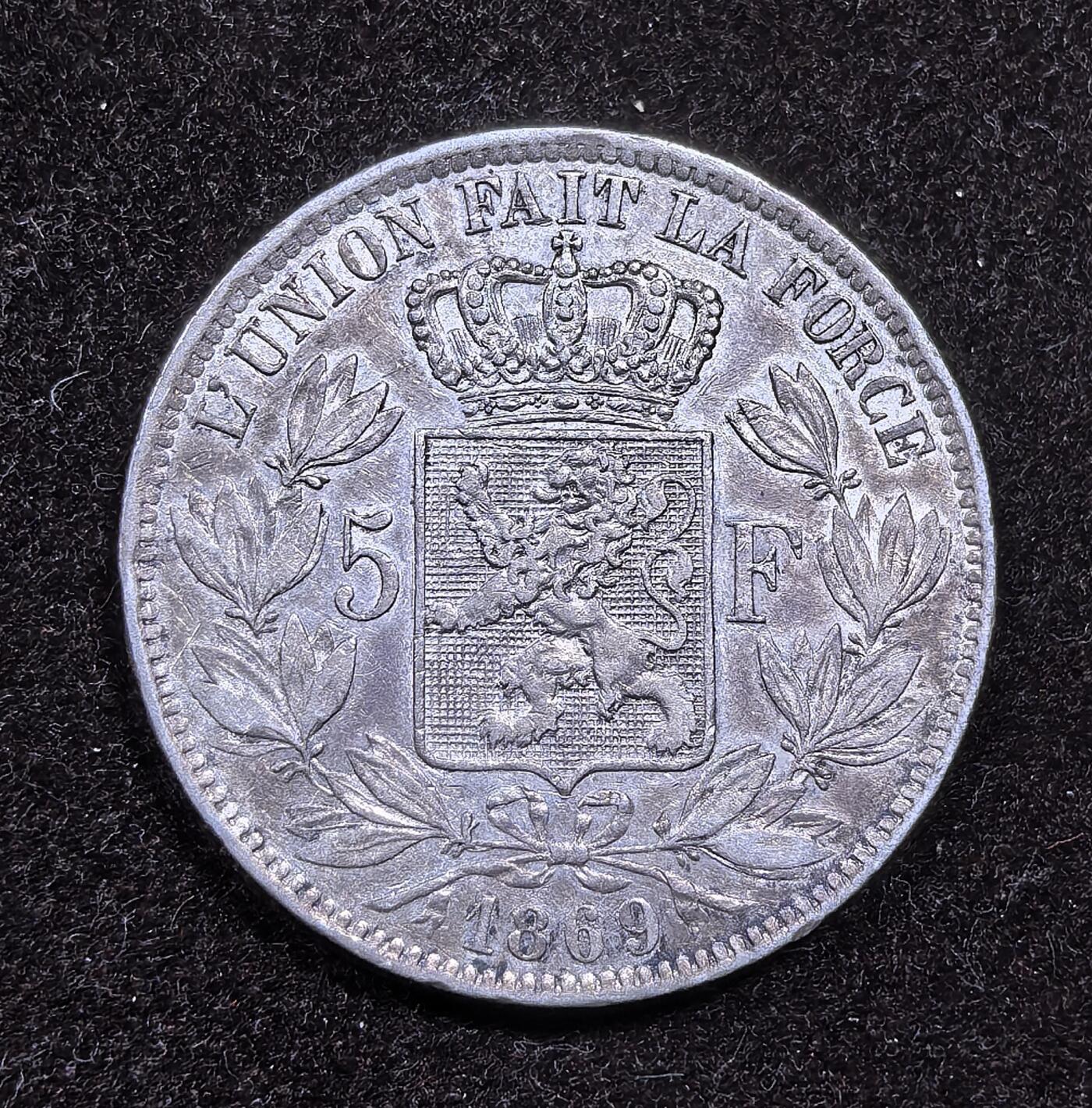 北京马甸外国币专卖微拍第124期，外国金银币专场，陆续上新，欢迎关注 1869年比利时5法郎银币