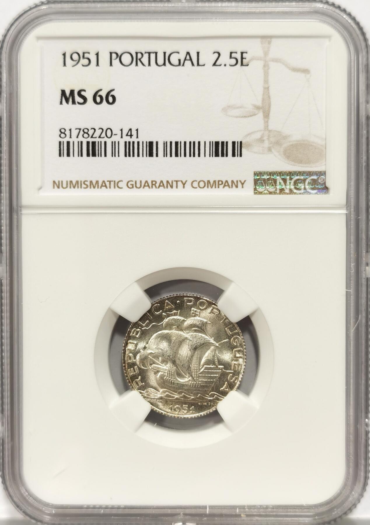 博洋堂世界钱币拍卖第087期（全场包邮） NGC MS66 葡萄牙1951年2.5埃斯库多银币