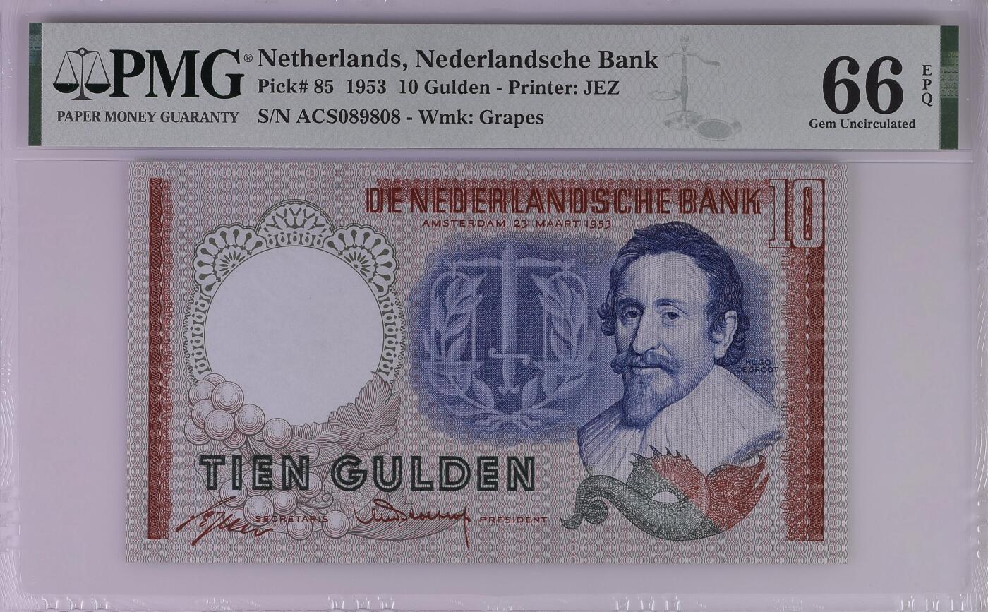 收藏联盟Quantum Auction 第367期拍卖  荷兰1953年10盾 PMG66 法学家格劳秀斯 全程圆圆倒置号
