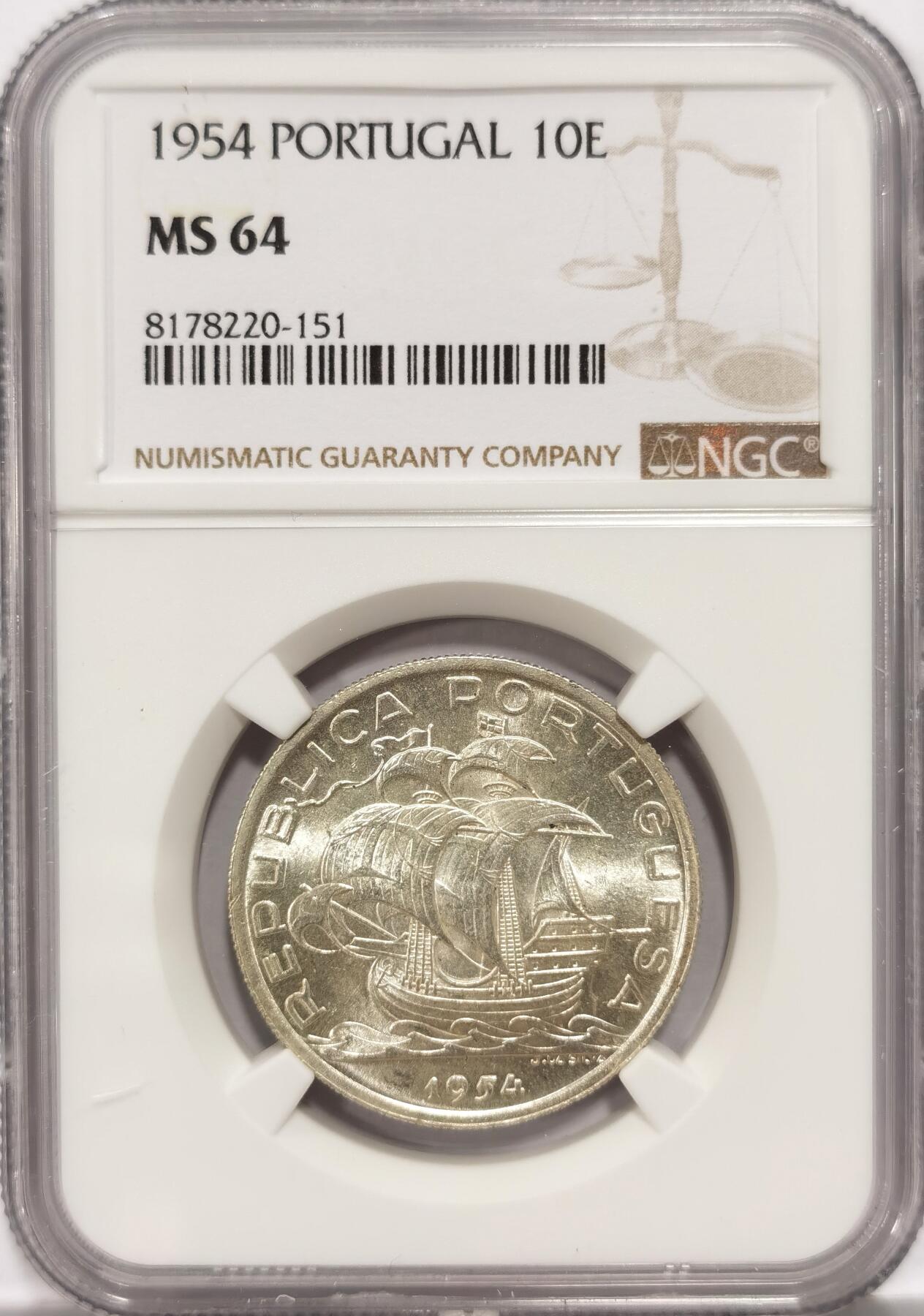 博洋堂世界钱币拍卖第087期（全场包邮） NGC MS64 葡萄牙1954年帆船10埃斯库多银币