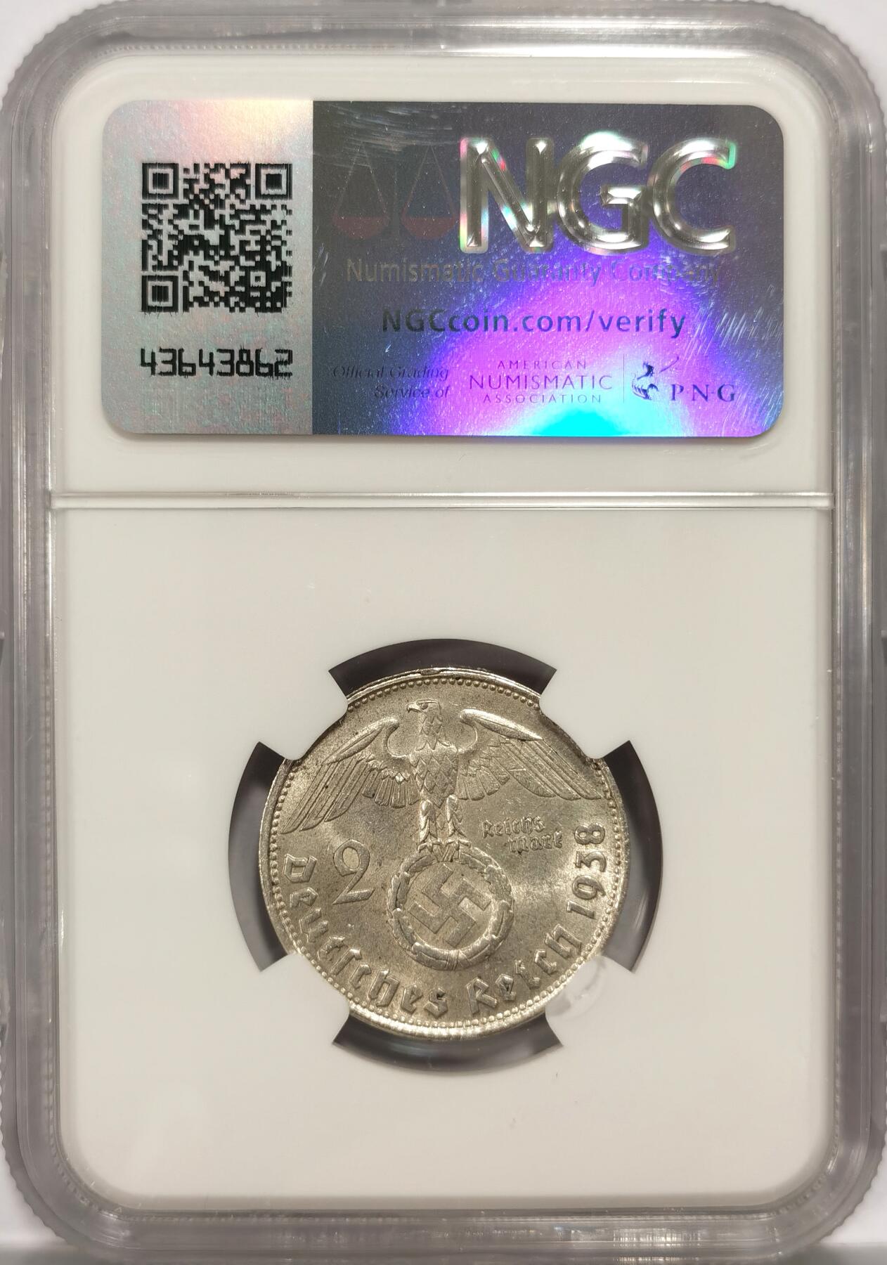 博洋堂世界钱币拍卖第087期（全场包邮） NGC MS62 德国1938B兴登堡2马克银币，币面干净，原光好品