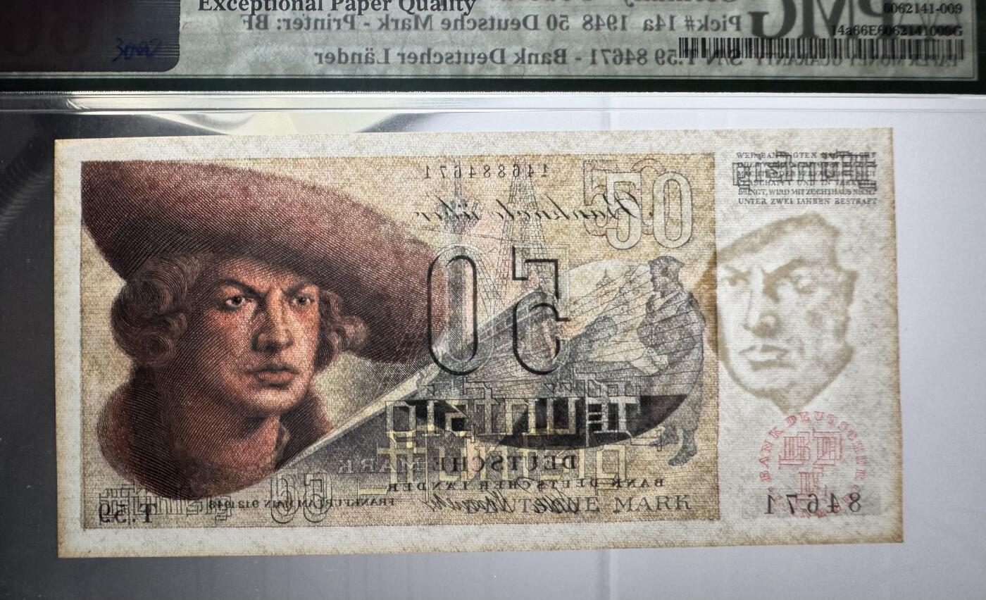 收藏联盟Quantum Auction 第366期拍卖  德国联邦1948年50马克 PMG66 法国代印 注意透光图