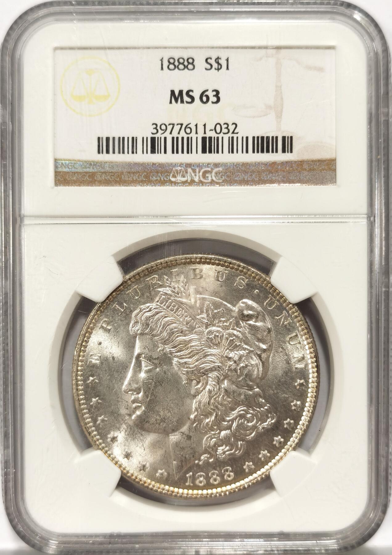 博洋堂世界钱币拍卖第087期（全场包邮） 1888年美国摩根银币P版NGC-MS63，原汁原味老包浆，包浆醇厚，打制精美，币面清爽干净又漂亮，状态极佳。1888吉祥年份吉祥寓意要发发发，市场上比较稀少年份版本的摩根币