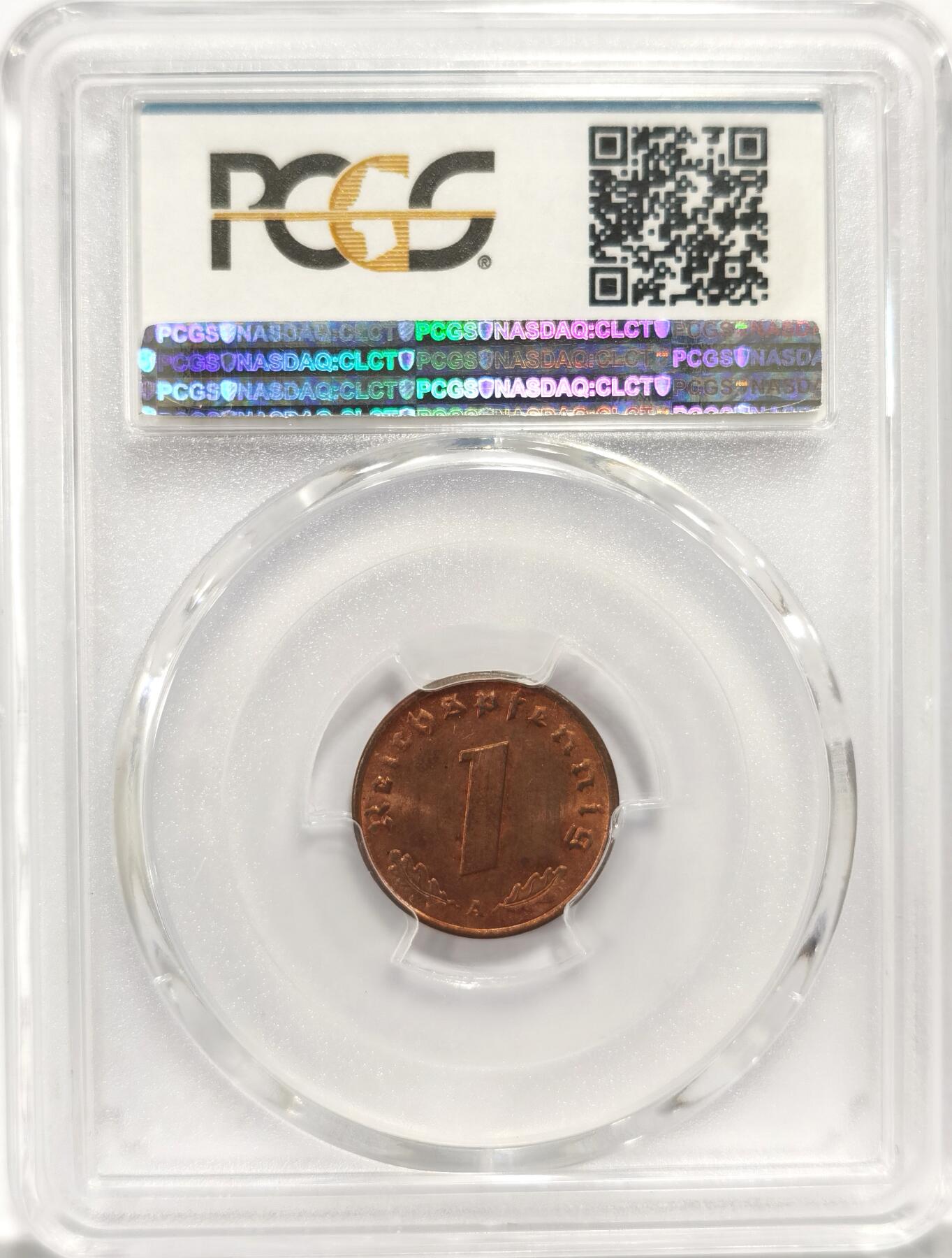 博洋堂世界钱币拍卖第087期（全场包邮） PCGS MS64RB 德国第三帝国1937年A版1芬尼铜币 少见版 更高分仅4枚