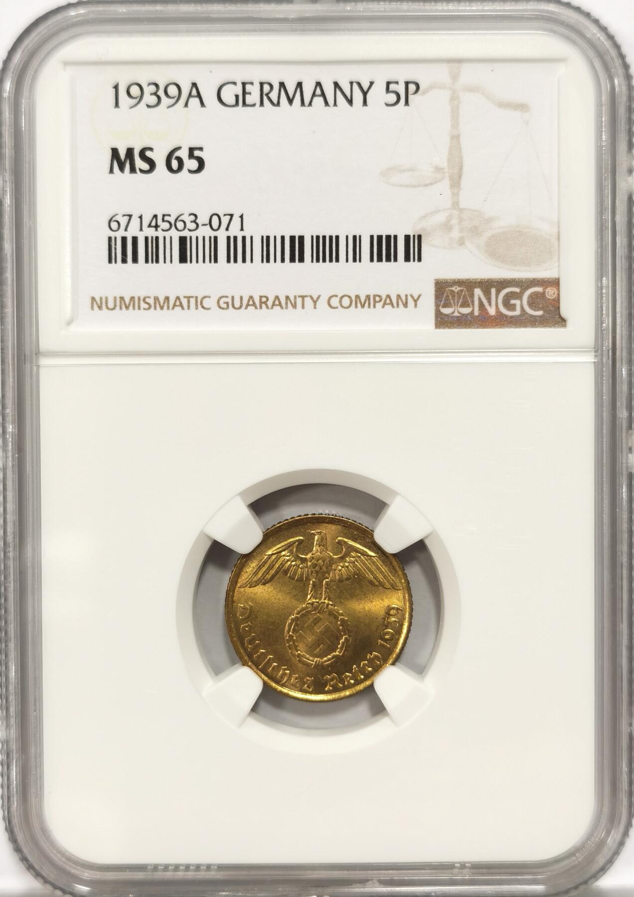 博洋堂世界钱币拍卖第087期（全场包邮） NGC MS65 德国第三帝国1939年A版5芬尼铜币 更高分仅1枚