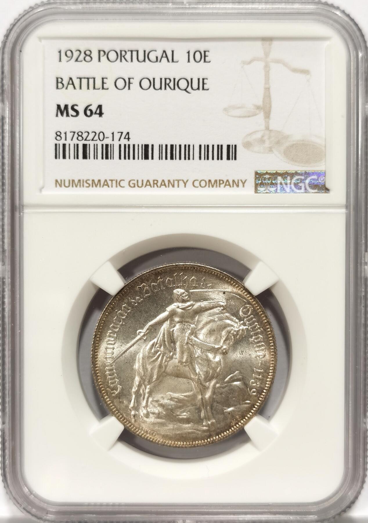 博洋堂世界钱币拍卖第087期（全场包邮） 葡萄牙1928年奥里基战役10埃斯库多纪念银币NGC-MS64，原汁原味老包浆，包浆醇厚，币面清爽干净又漂亮，打制精美，状态极佳