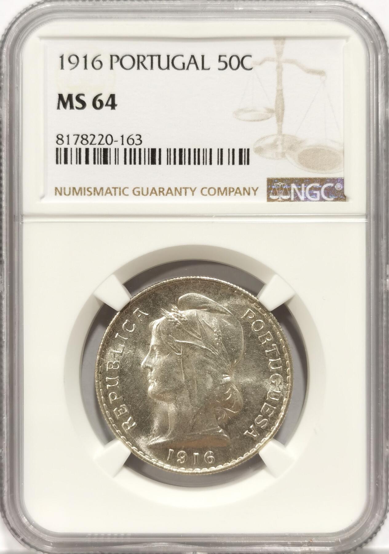 博洋堂世界钱币拍卖第087期（全场包邮） NGC MS64 葡萄牙1916年50C半圆银币