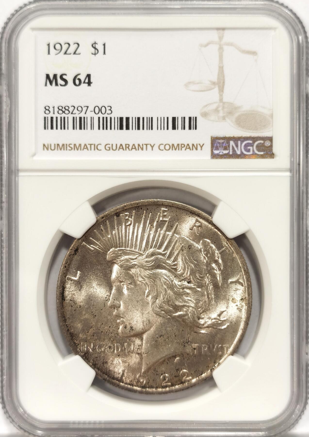 博洋堂世界钱币拍卖第087期（全场包邮） NGC MS64 美国1922年和平银币，铸纹清晰，光度上佳。