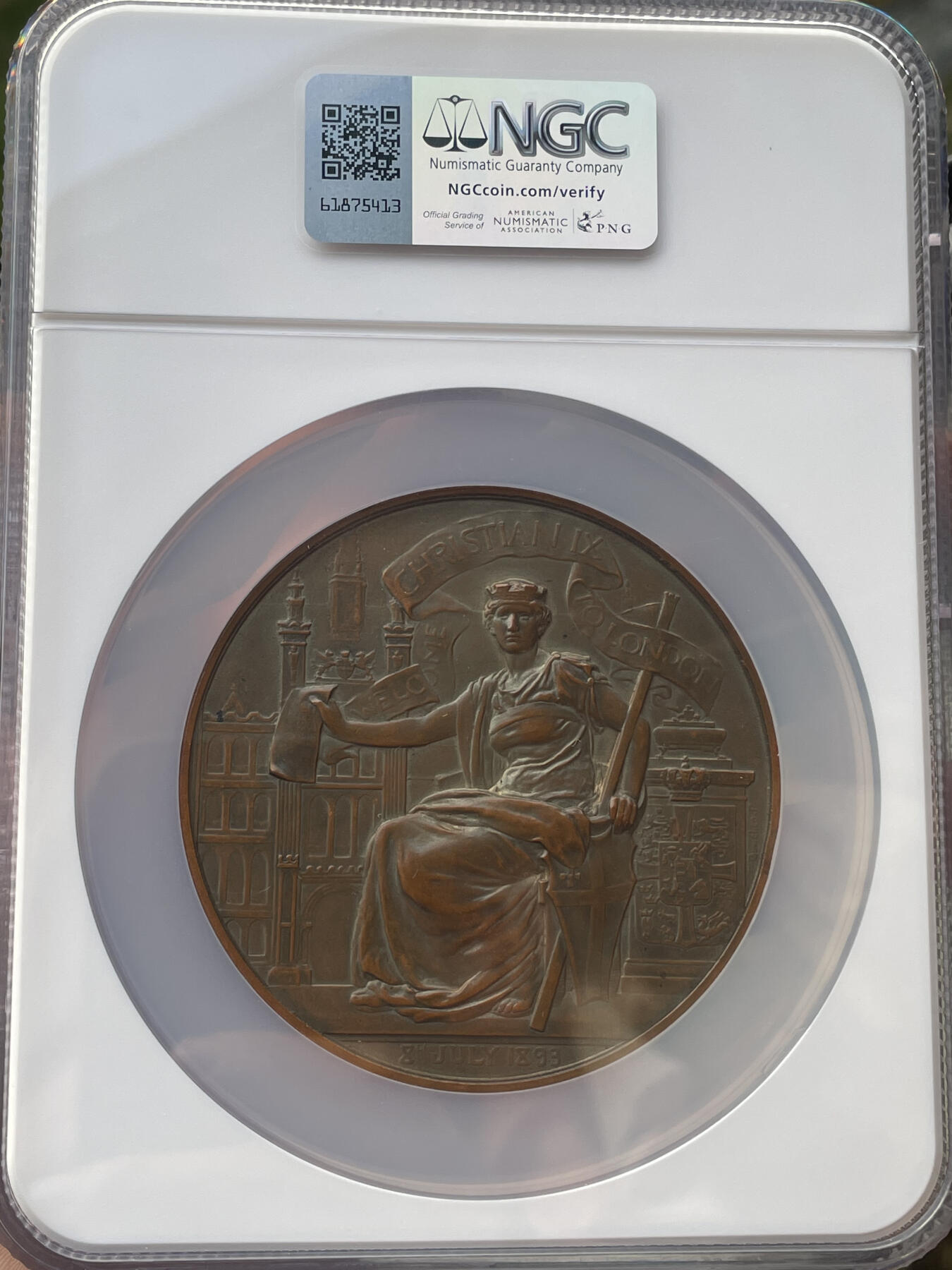 「木头集藏」章牌精品专场！ Wyon～1893年英国伦敦金融城系列丹麦国王夫妇访问纪念大铜章，直径：77mm，发行量仅450枚。纪念丹麦国王克里斯蒂安九世夫妇到访伦敦，唯一一枚由巴黎造币厂铸造的伦敦金融城系列章。