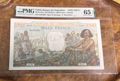 得物收藏 Chase Auction 第31期 - - 外钞、民国钞和人民币混合场！ - 1940年塔希提1000法郎，样钞，PMG65！