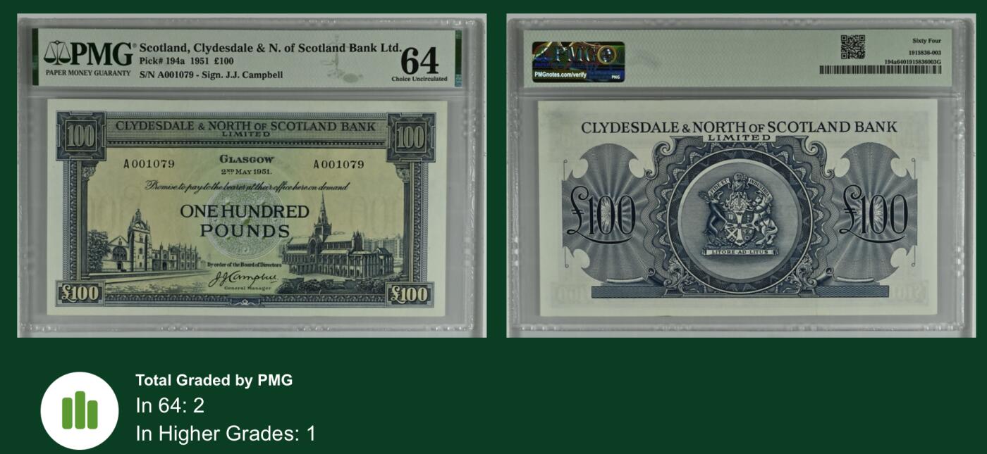 收藏联盟Quantum Auction 第367期拍卖  苏格兰克莱斯戴尔银行1951年100镑 PMG64 首发A冠千位号 无4 亚军分仅一枚更高分