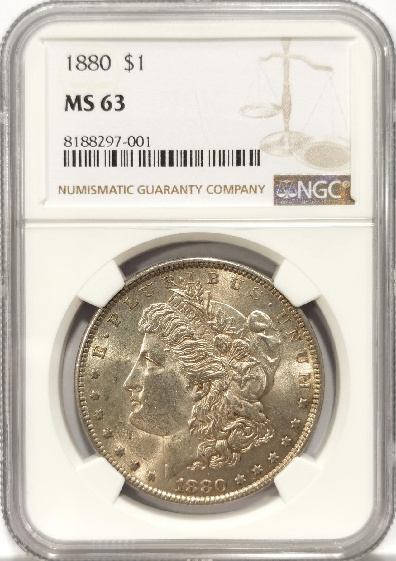 博洋堂世界钱币拍卖第087期（全场包邮） NGC MS63 美国1880年摩根银币，费城版无厂标。该年费城版相对少见。黄油光状态很好。