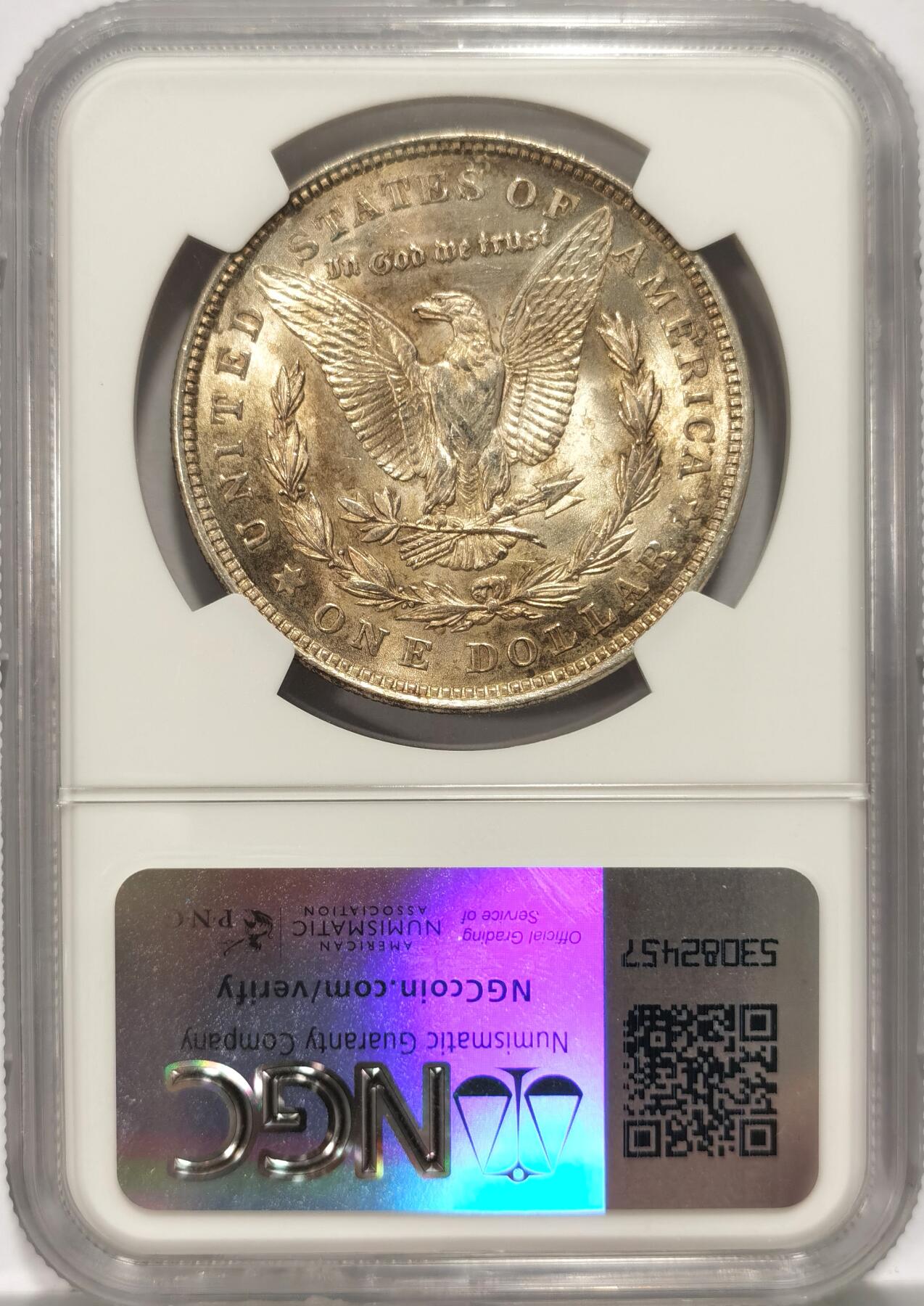 博洋堂世界钱币拍卖第087期（全场包邮） NGC MS64 美国1921年摩根银币，光度非常好，背面带漂亮淡彩。