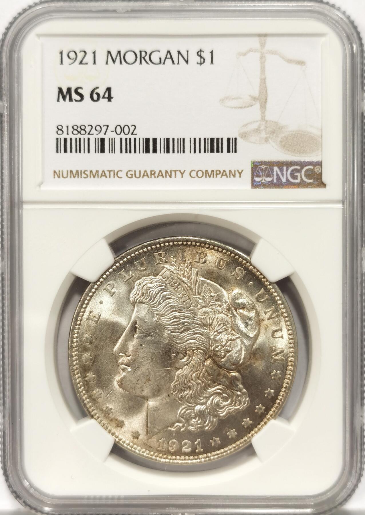 博洋堂世界钱币拍卖第087期（全场包邮） NGC MS64 美国1921年摩根银币，光度非常好，背面带漂亮淡彩。