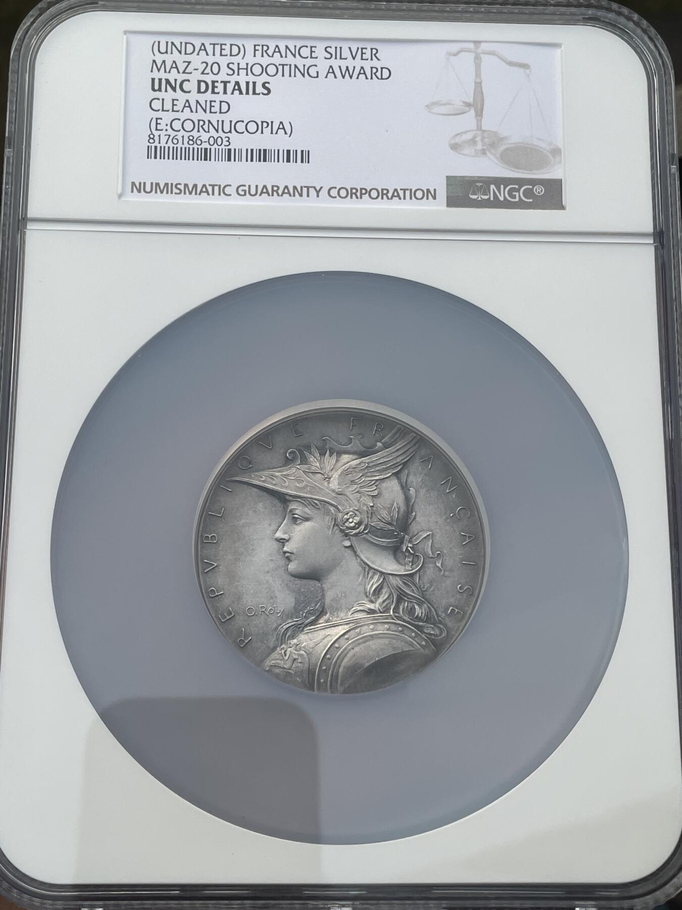 「木头集藏」章牌精品专场！ O.Roty～法国射击比赛银章，直径：51mm，68 g，边铭：丰饶角 ARGENT，早期版本，最经典的戎装玛丽安娜肖像