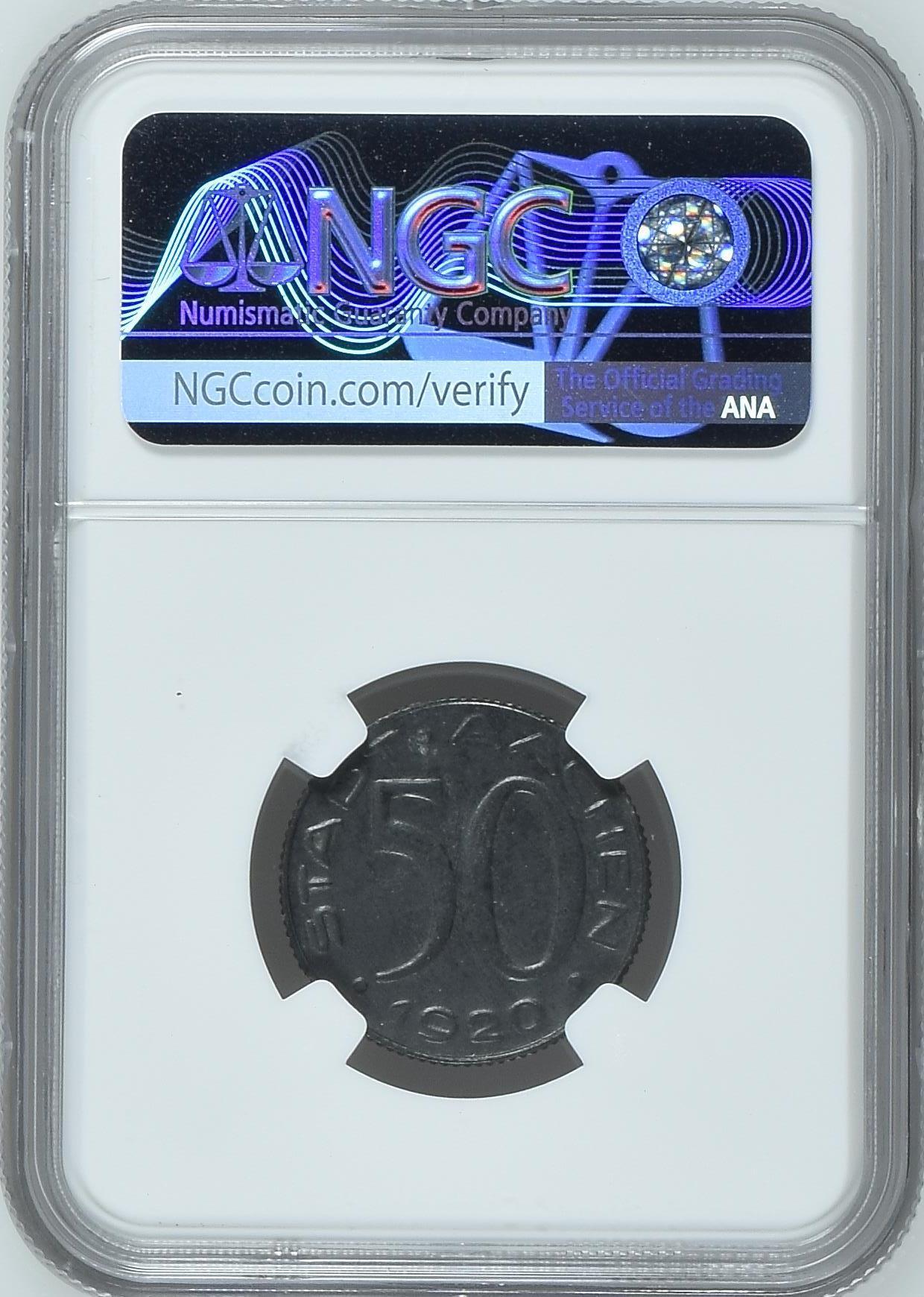 长老汇龙年精选第二十场拍卖 1920 德国德紧50芬尼锌币，NGC MS61