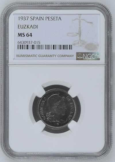 长老汇马年精选第六场拍卖 - 1937 西班牙内战EUZKADI地方政府1比塞塔铜镍币，NGC MS64，季军，更高分9枚