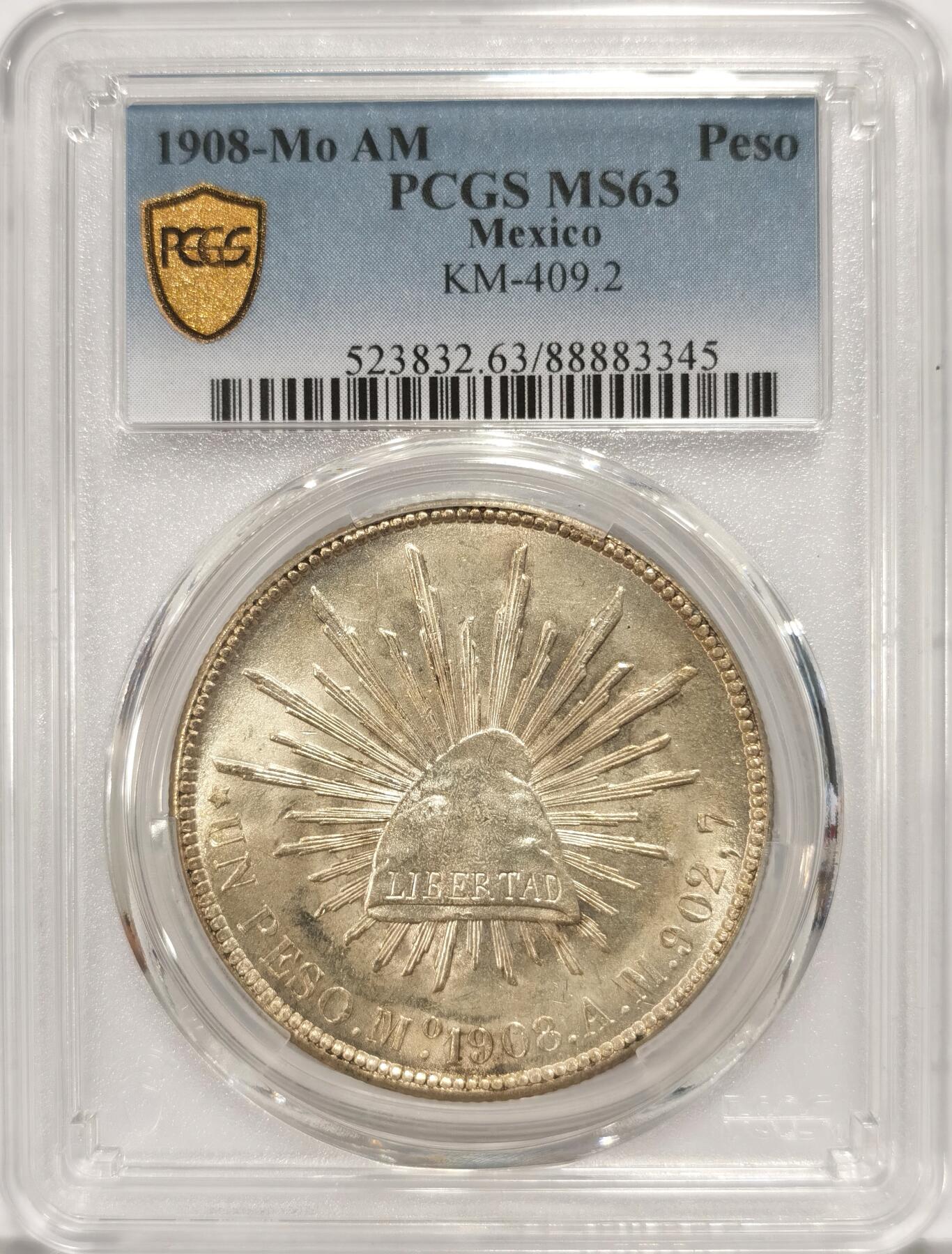 博洋堂世界钱币拍卖第104期（全场包邮） PCGS MS63 墨西哥直边大飞鹰1908年一比索 银光闪闪 值得拥有