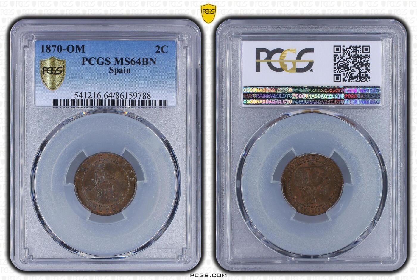 长老汇龙年精选第二十场拍卖 1870-OM西班牙地方政府2分铜币，PCGS MS64BN，亚军分，更高1枚