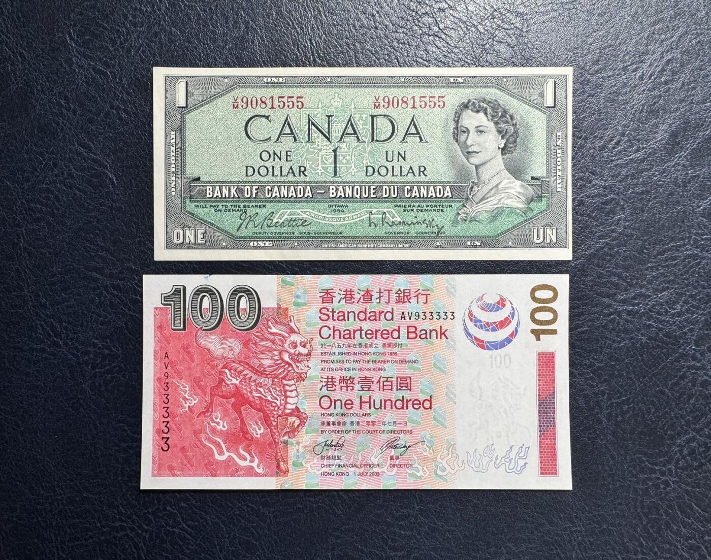 收藏联盟Quantum Auction 第367期拍卖  加拿大1954年1元豹子号和渣打银行2003年100元老虎号 品相UNC-  注意细节图