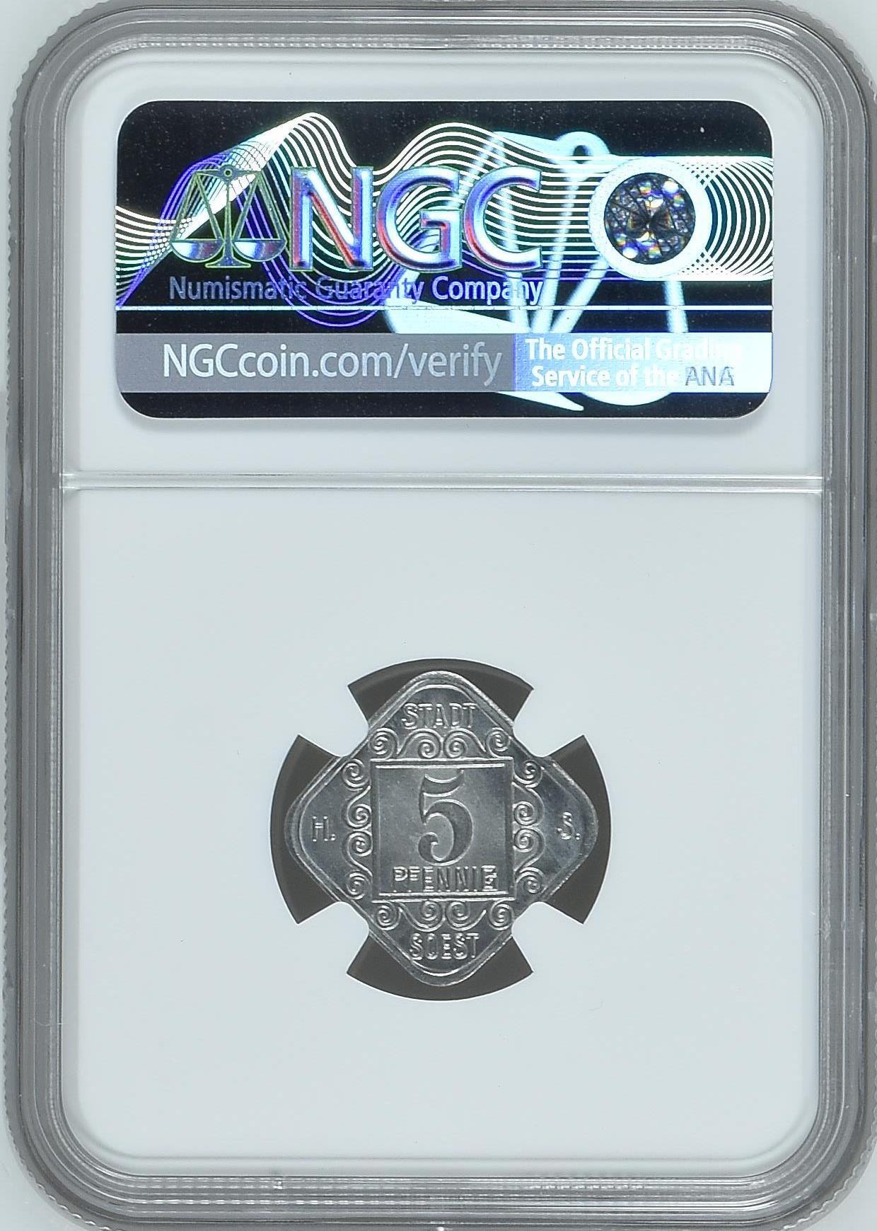 长老汇龙年精选第二十场拍卖 1920 德国德紧索斯特5芬尼铝币，NGC MS65