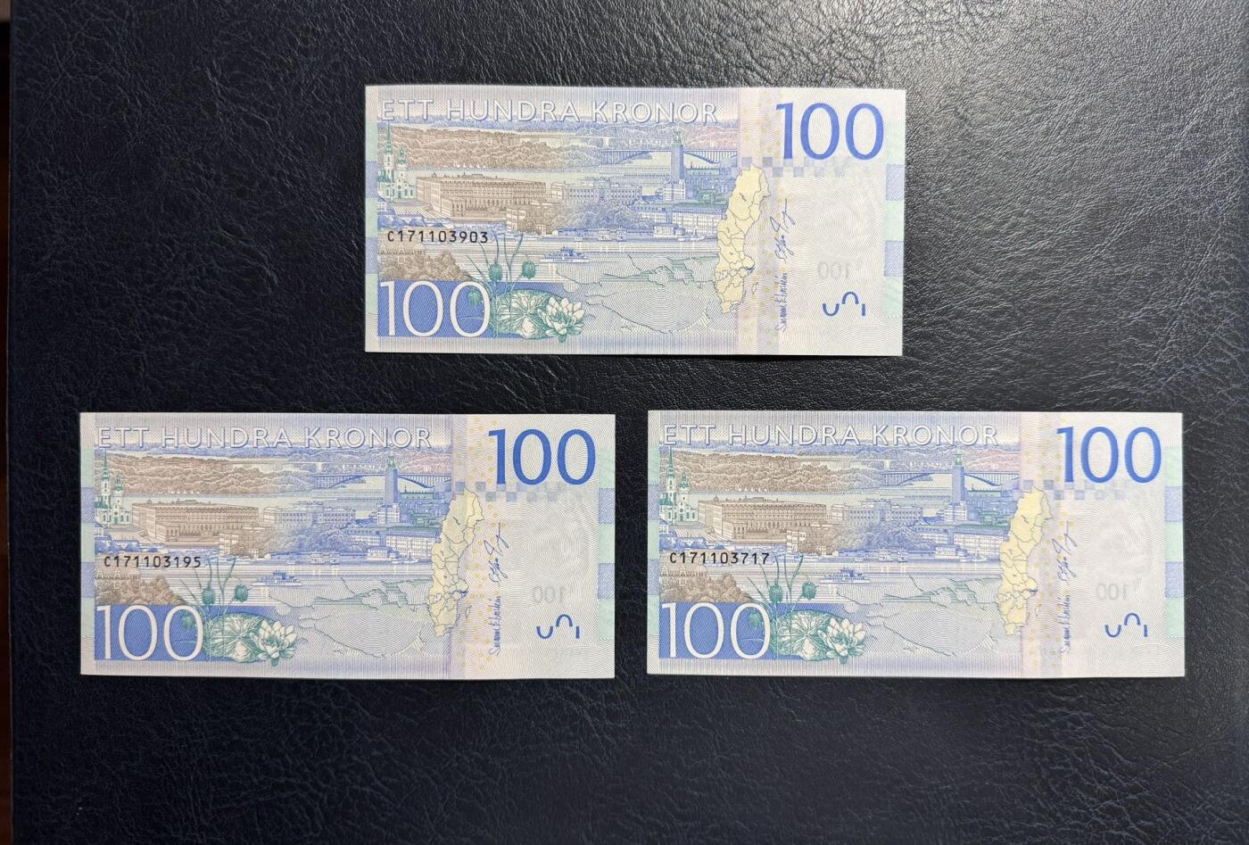 收藏联盟Quantum Auction 第367期拍卖  瑞典2016年100克朗三张 品相UNC 女星葛泰丽.嘉宝 号码无4