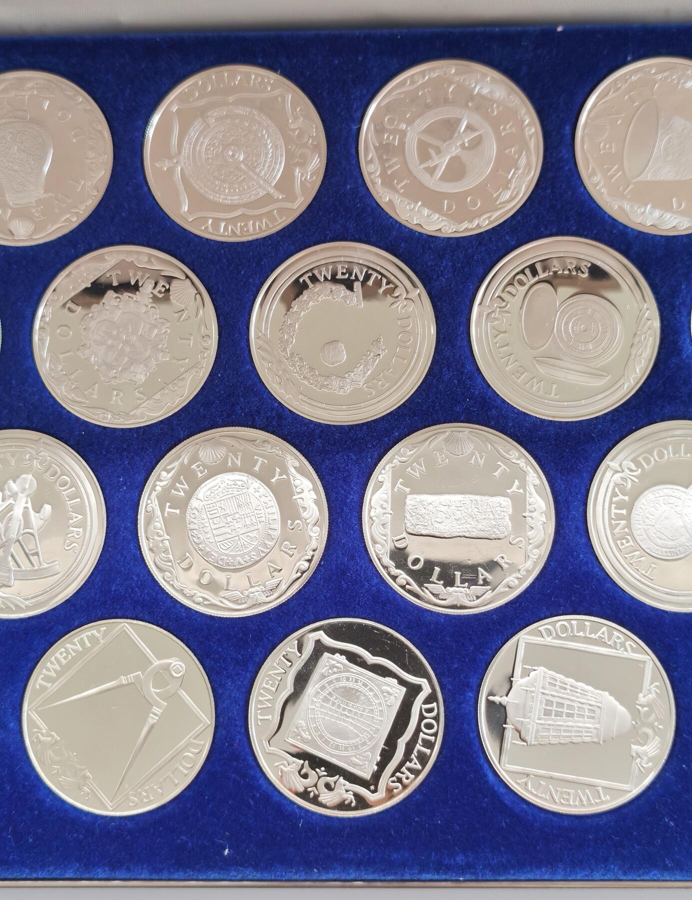 博洋堂世界钱币拍卖第087期（全场包邮） 近期暴涨品种 罕见25枚大珍精制银套币 1985年英属维尔京加勒比珍宝系列20元 单枚19.09克 925银 38mm精制 原盒装，国内成交套数低于5套，币面转光精美，伊丽莎白中年装，这些银币的铸造技术和设计理念也体现了当时制币工艺的最高水平，成为了收藏家们追逐的对象