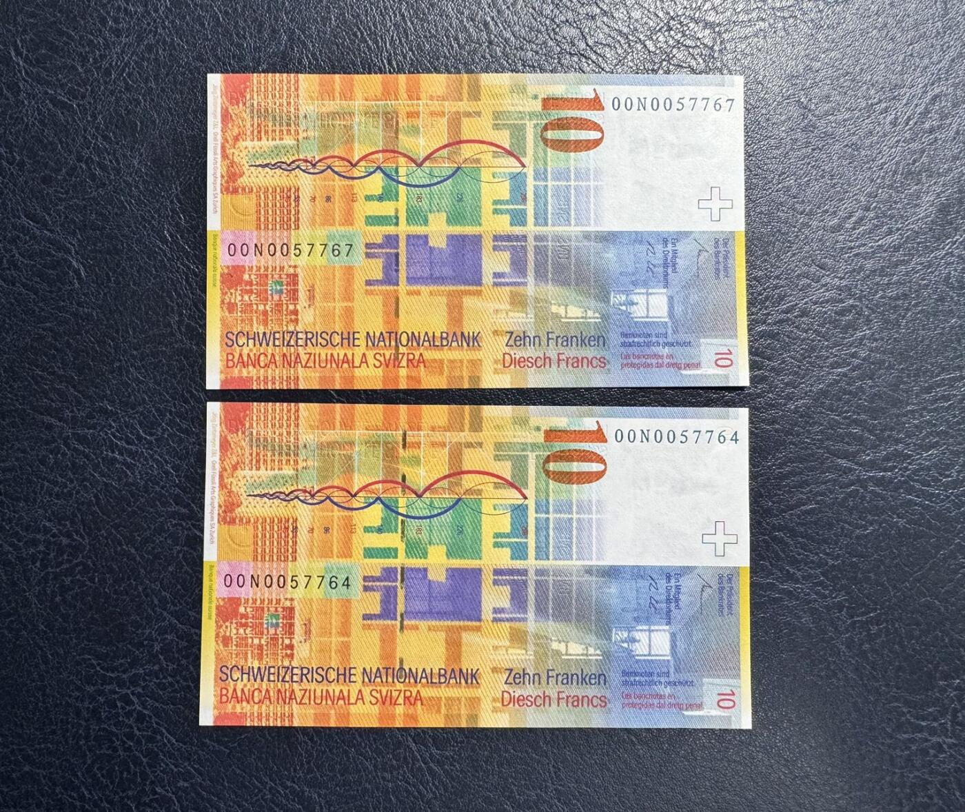 收藏联盟Quantum Auction 第367期拍卖  瑞士联邦2000年10法郎两张 品相UNC