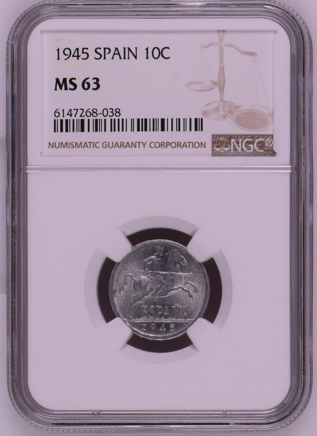 长老汇龙年精选第二十场拍卖 1945西班牙民族主义政府10分铝币，NGC MS63