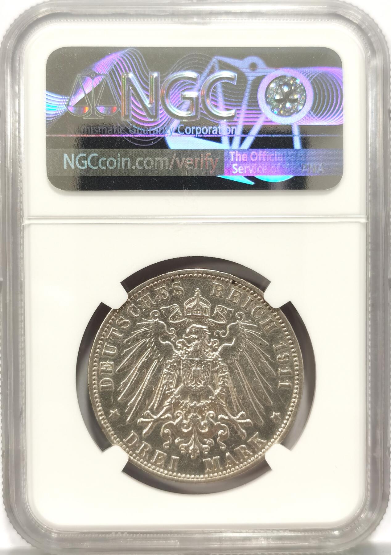 博洋堂世界钱币拍卖第087期（全场包邮） NGC XF 德国1911年J版汉堡3马克