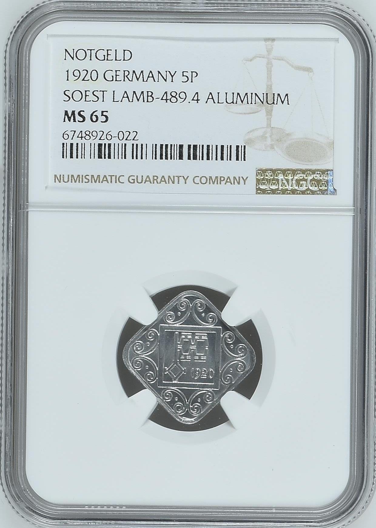 长老汇龙年精选第二十场拍卖 1920 德国德紧索斯特5芬尼铝币，NGC MS65