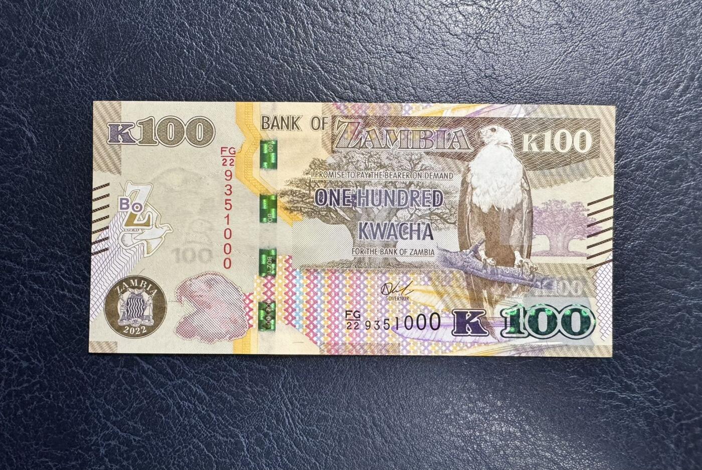 收藏联盟Quantum Auction 第367期拍卖  赞比亚2022年100克瓦查 品相全新UNC 豹子号 号码无47 