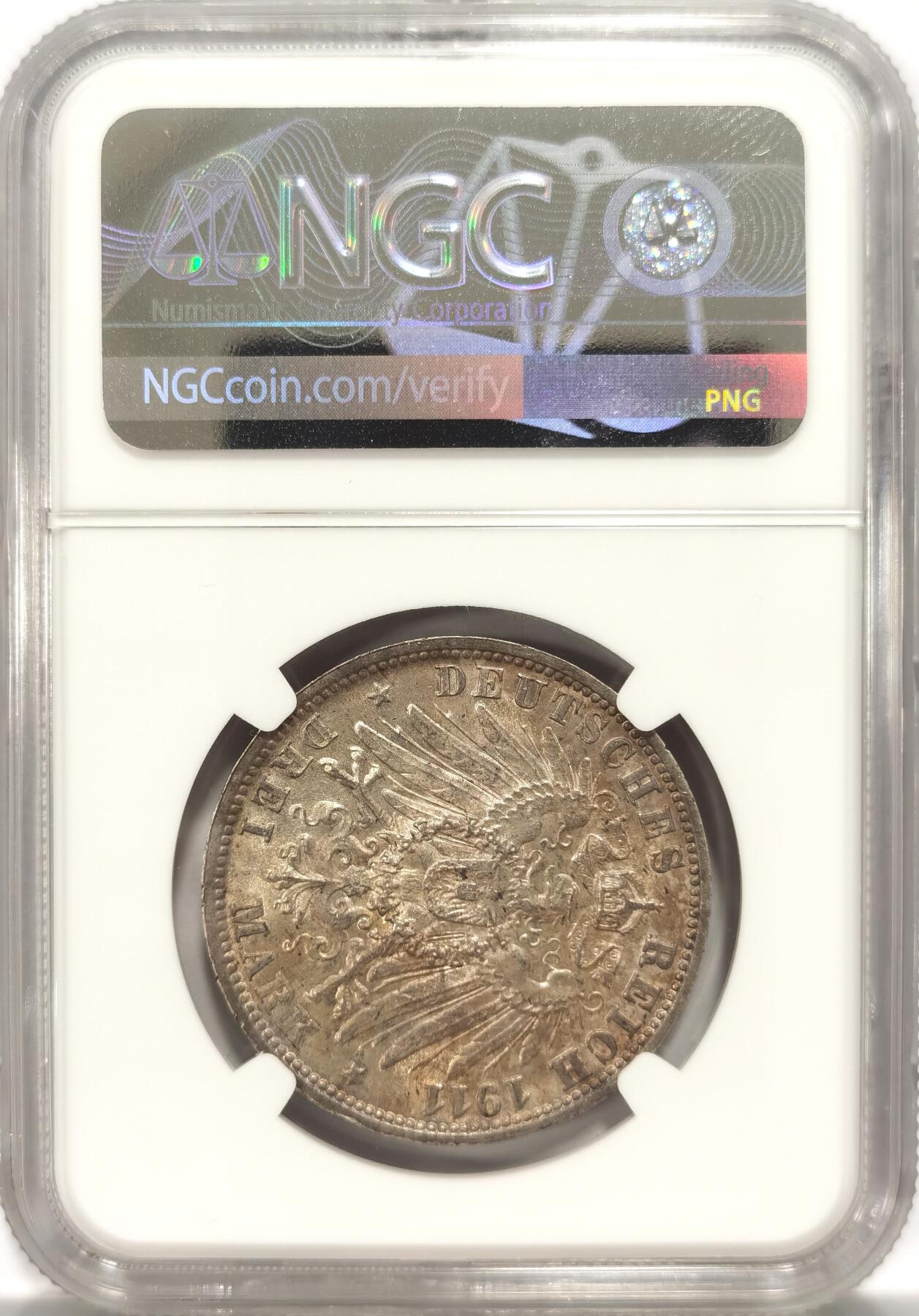 博洋堂世界钱币拍卖第087期（全场包邮） NGC MS62 德国1911年F版符腾堡金婚3马克，双面淡色包浆。