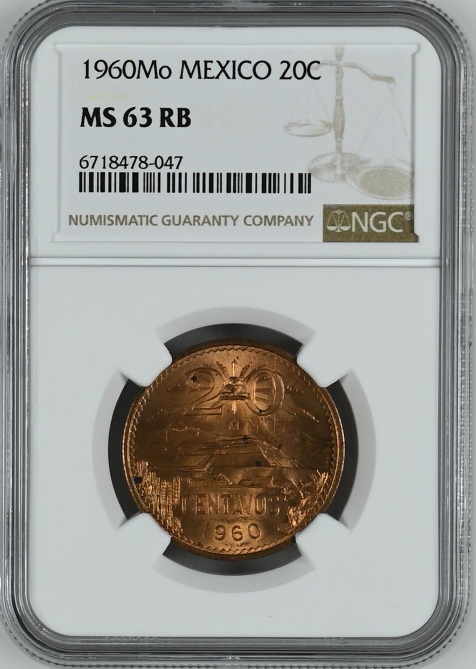 长老汇龙年精选第二十场拍卖 1960Mo 墨西哥20分，NGC MS63RB