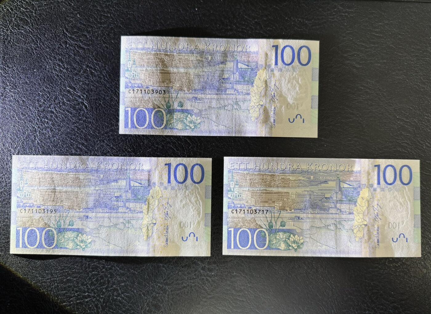 收藏联盟Quantum Auction 第367期拍卖  瑞典2016年100克朗三张 品相UNC 女星葛泰丽.嘉宝 号码无4