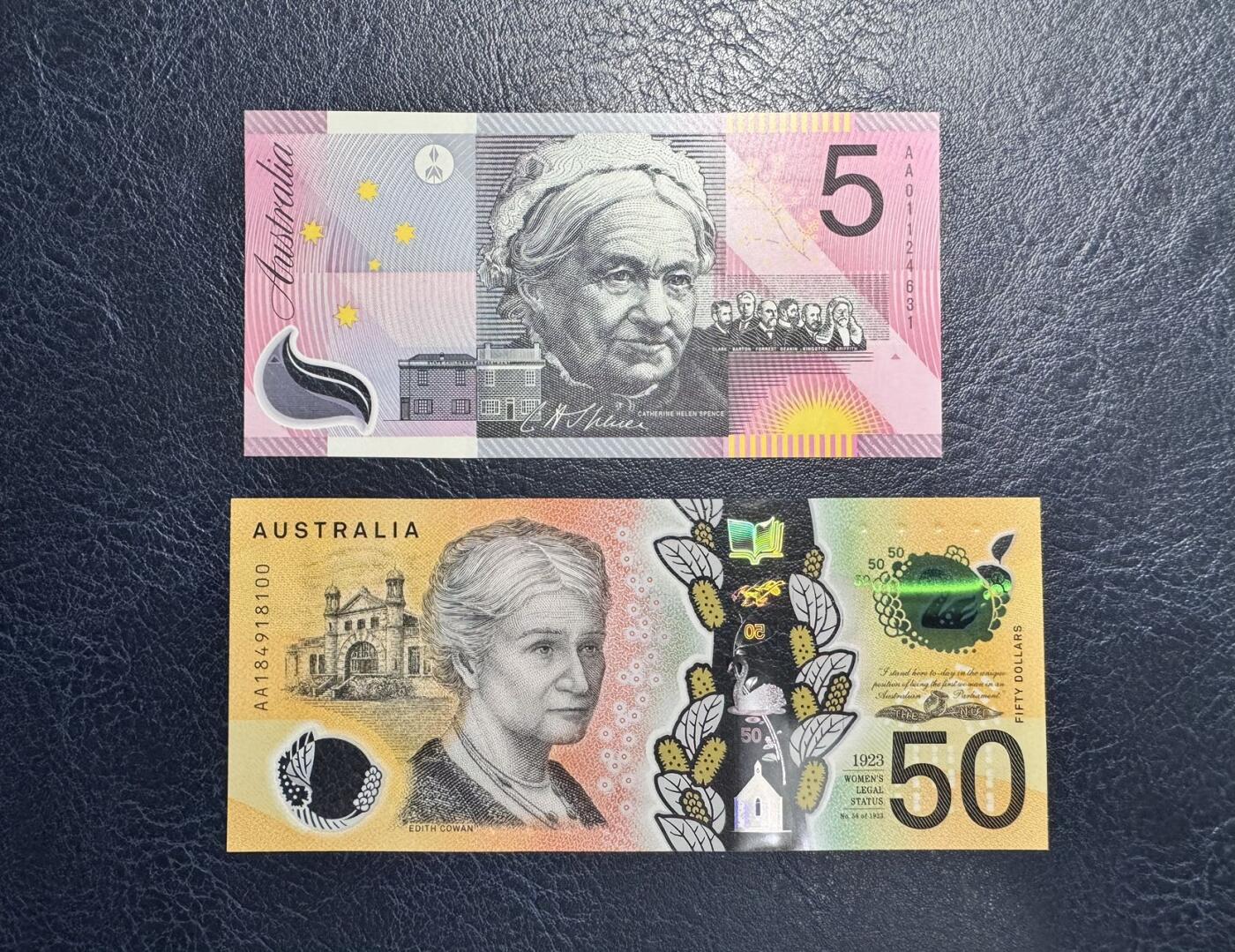 收藏联盟Quantum Auction 第367期拍卖  澳大利亚2001年5镑纪念钞AA冠和2018年50元首发AA冠 品相全新UNC