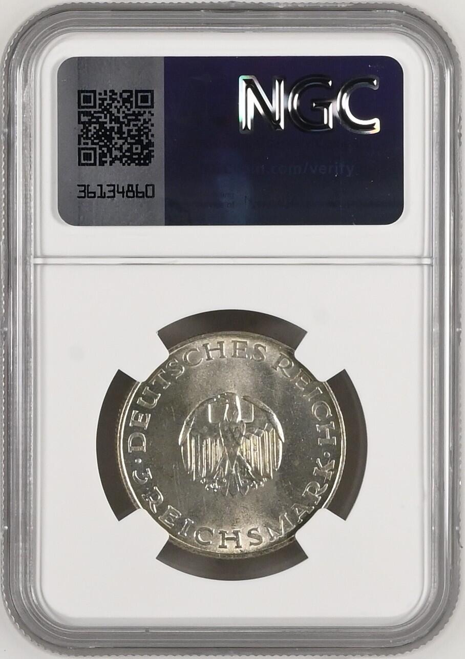 长老汇龙年精选第二十场拍卖 1929D 德国魏玛时期莱辛3马克银币，NGC MS61，5.6万枚