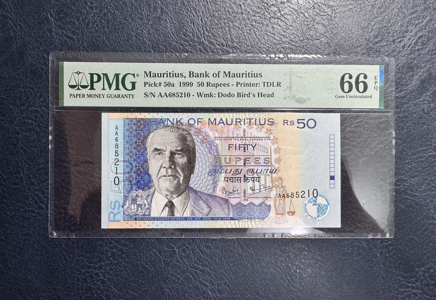 收藏联盟Quantum Auction 第367期拍卖  毛里求斯1999年50卢比首发AA冠 PMG66 号码无347