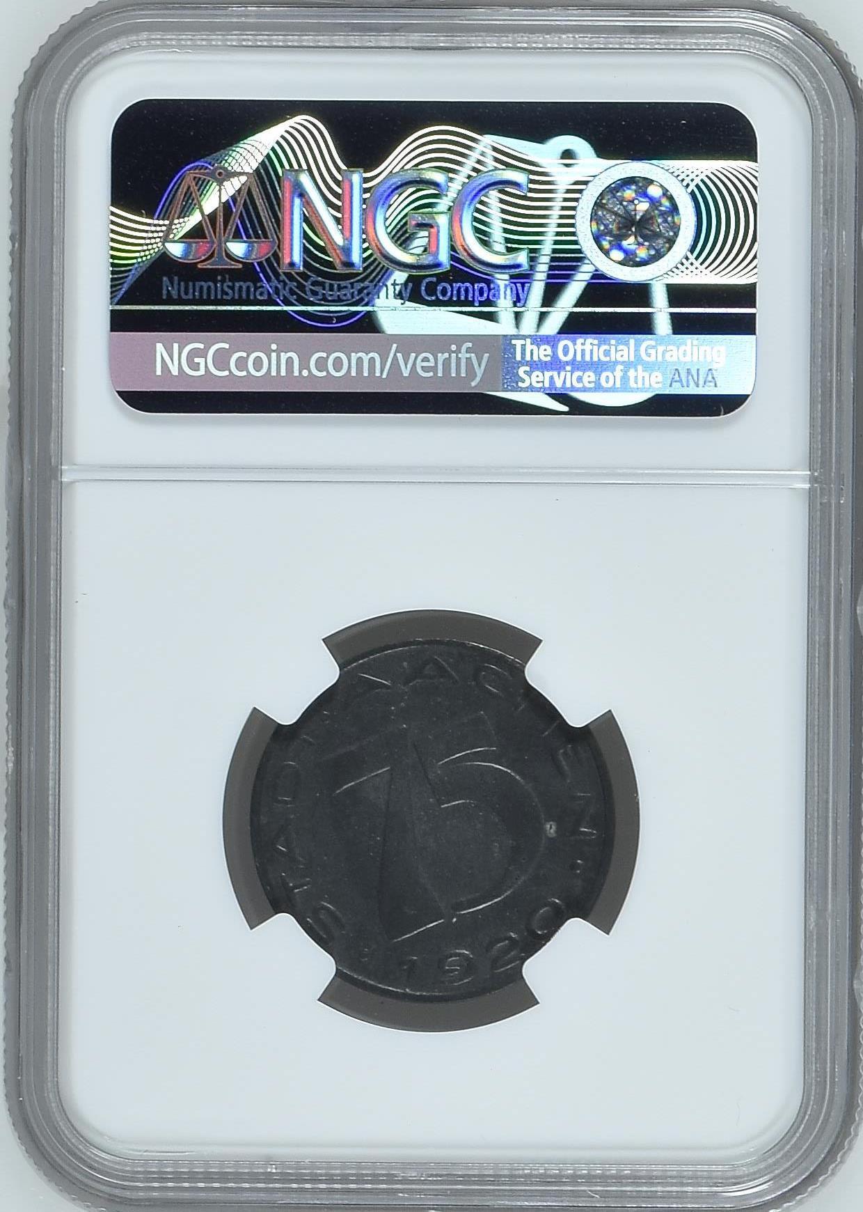 长老汇龙年精选第二十场拍卖 1920 德国德紧亚琛75芬尼锌币，NGC MS62