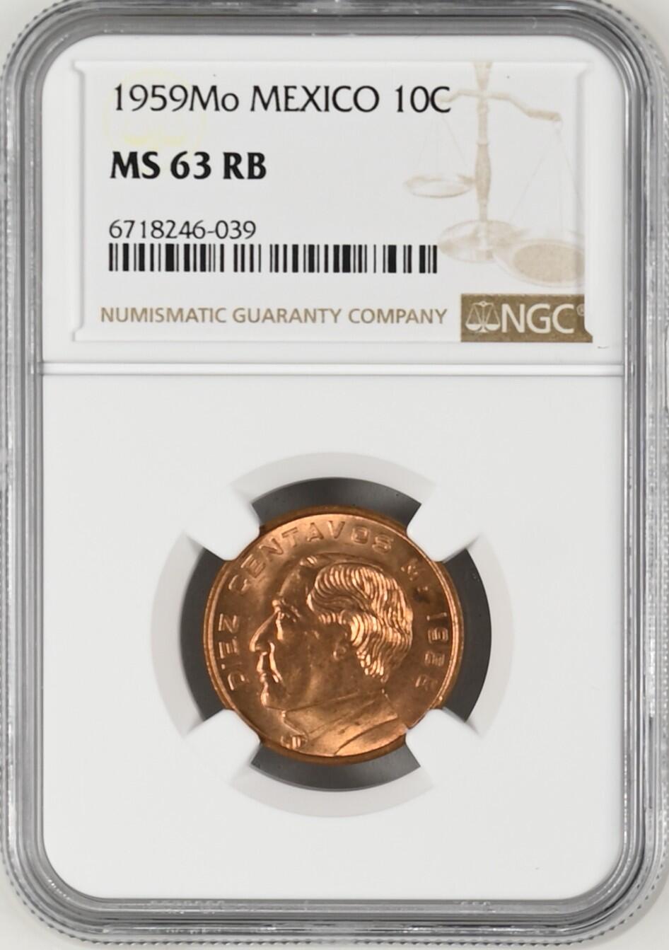 长老汇龙年精选第二十场拍卖 1959Mo 墨西哥10分铜币，NGC MS63RB，第四名，更高分仅19枚