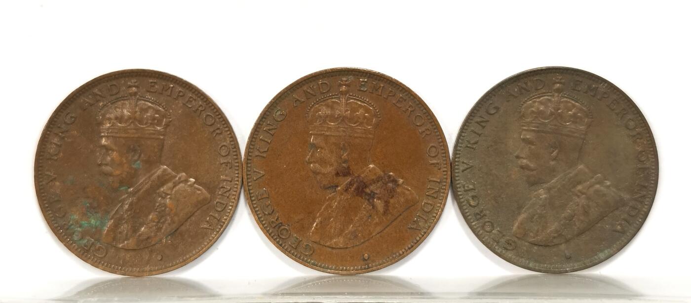 博洋堂世界钱币拍卖第087期（全场包邮） 1933、1934年香港一仙3枚一组，乔五头像，好品带五彩