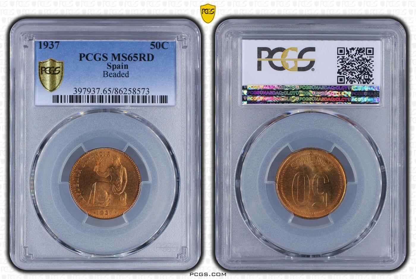 长老汇龙年精选第二十场拍卖 1937西班牙共和国拿花50分铜币，PCGS MS65RD，更高12枚