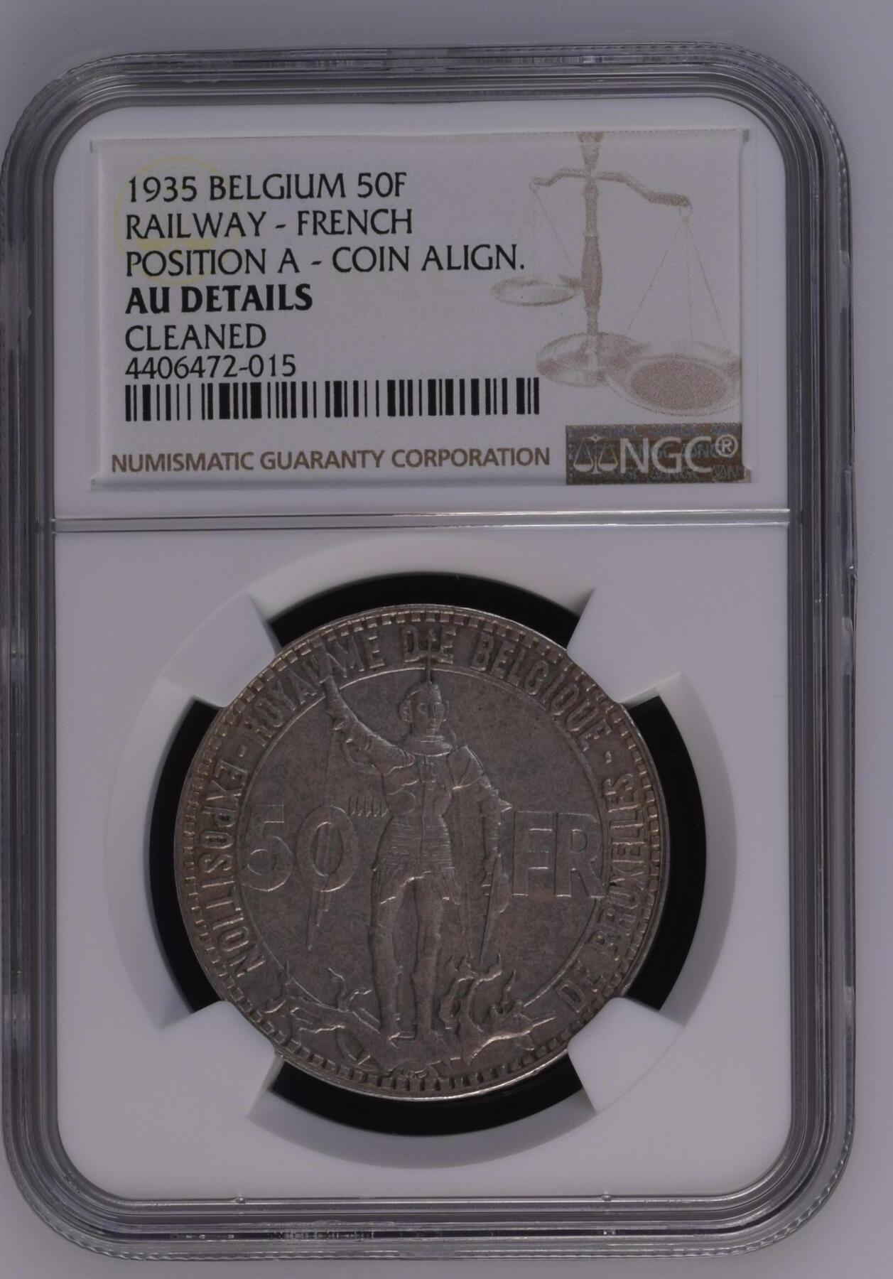 长老汇龙年精选第二十场拍卖 1935比利时火车50法郎银币，NGC AUD，法语版，币型